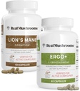 Ergothioneine (60ct) et Lions Mane (120ct) Ensemble avec extraits de champignons Shiitake et Oyster - Longévité et cognition - Vegan, sans gluten, non-OGM