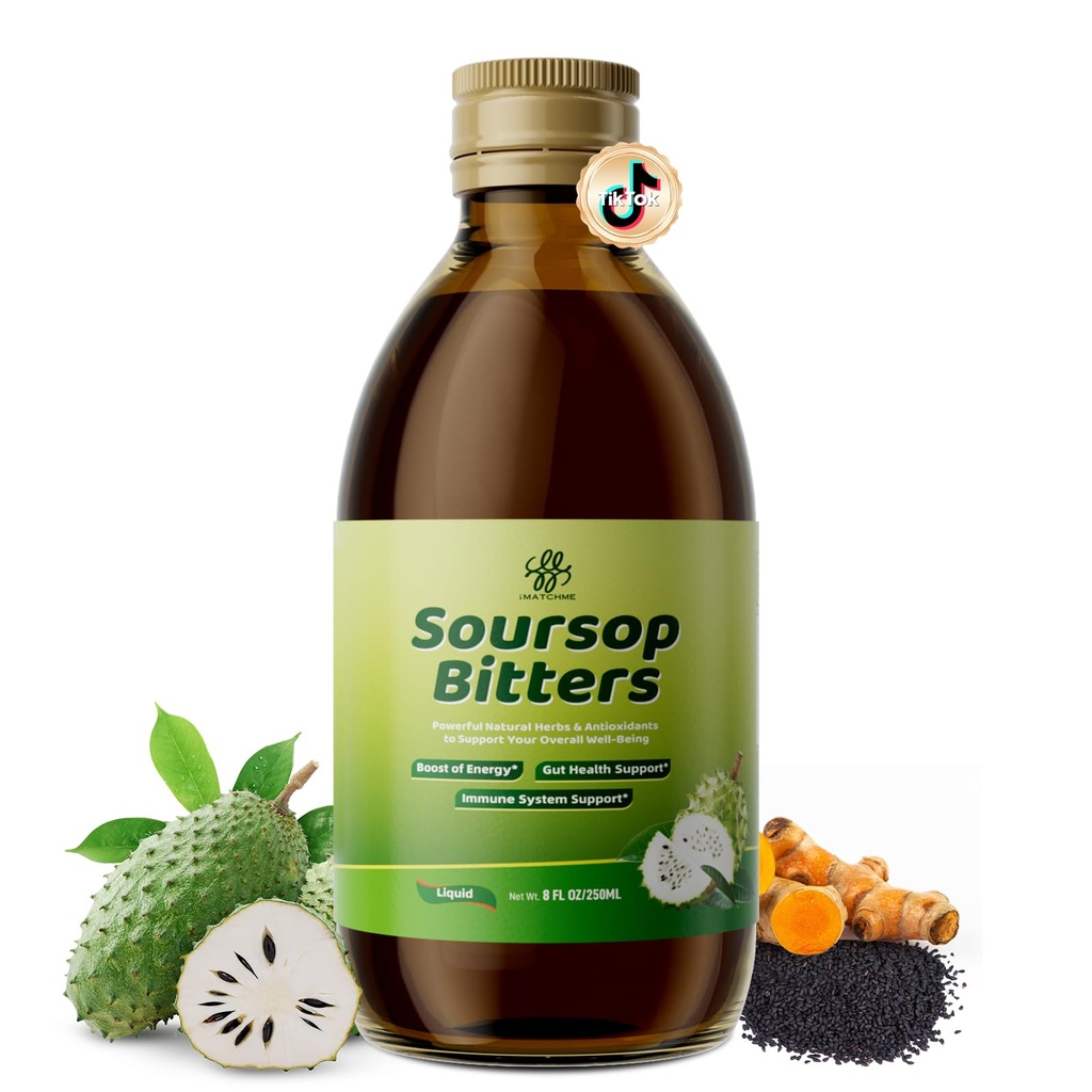 Soursop Bitters Liquid with Black Seed, Turmeric & Moringa-Pure 15 in 1 Herb Soursop Tea for Immune System, Digestive & Gut Health, Antioxidant,Skin Health Support 8 fl oz