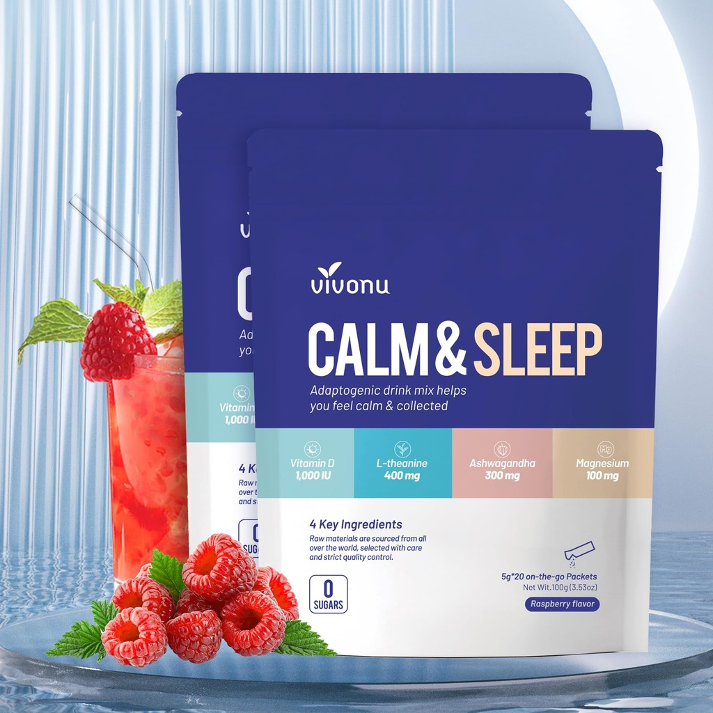VivoNu Calm & Sleep Powdered Drink Mix Framboise L Theanine Ksm-66 Ashwagandha Magnésium Glycinate Vitamine D 3 Suppléments pour la relaxation et la concentration Pas de sucre Non OGM
