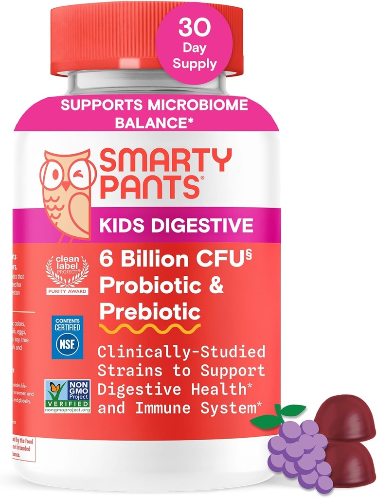 SmartyPants Enfants Probiotiques et prébiotiques Gommies pour la santé digestive: Supplément santé Gut, cliniquement étudié Prébiotique pour le soutien immunitaire, raisin, 60 comte (30 jours d'approvisionnement)