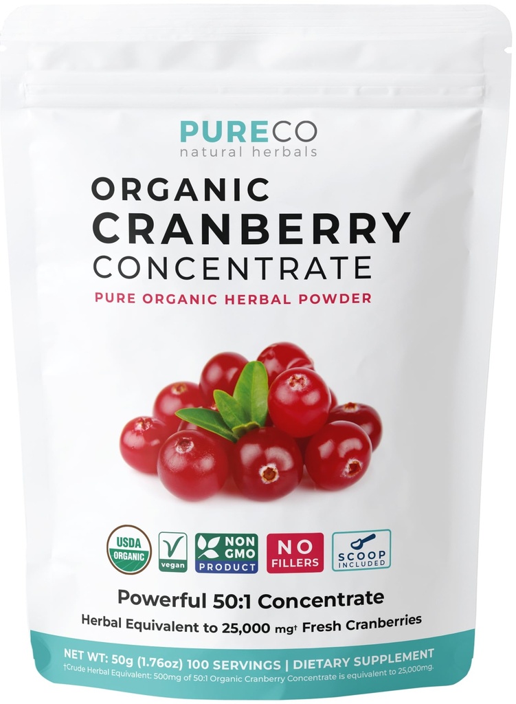 USDA concentré de canneberges biologiques (50:1) poudre - 500mg est l'équivalent de 25 000mg de canneberges fraîches - pour le nettoyage du rein et le soutien UTI Vitamines - Femmes - Supplément - 100 portions - Pas de pilules