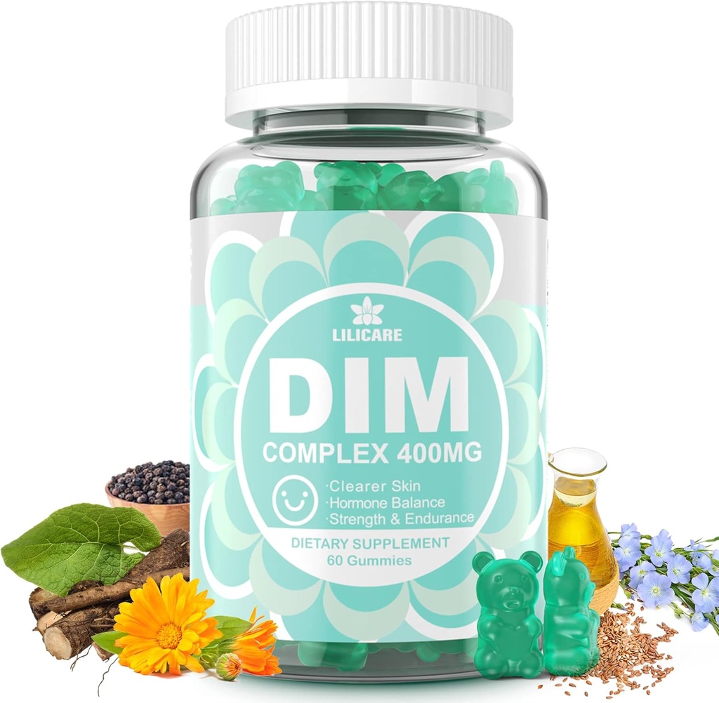 Supplément DIM Femmes 400mg, Supplément Estrogen pour les femmes, Gummées DIM sans sucre pour les hommes et les femmes avec Biotine, Huile de lin, Burdock, Calendula, BioPerine pour l'équilibre hormonal, la ménopause et la prostate 60Cts