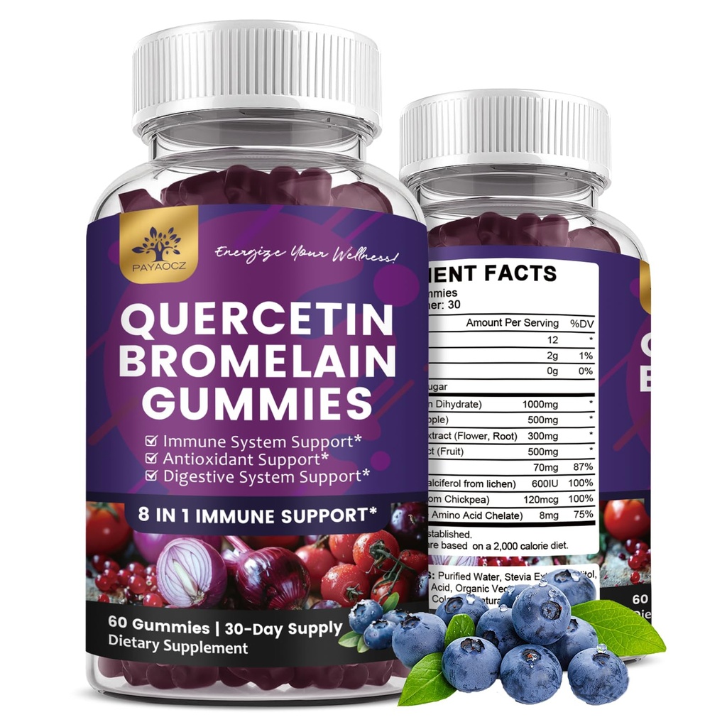 (2 Pack) Gommies Quercetin avec Bromelain Zinc Vitamine C D3 K2, Quercetin 1000mg Supplément avec Bromelain 500mg pour système cardiovasculaire, immunitaire et allergie, Gommy végétalien pour adulte et enfant