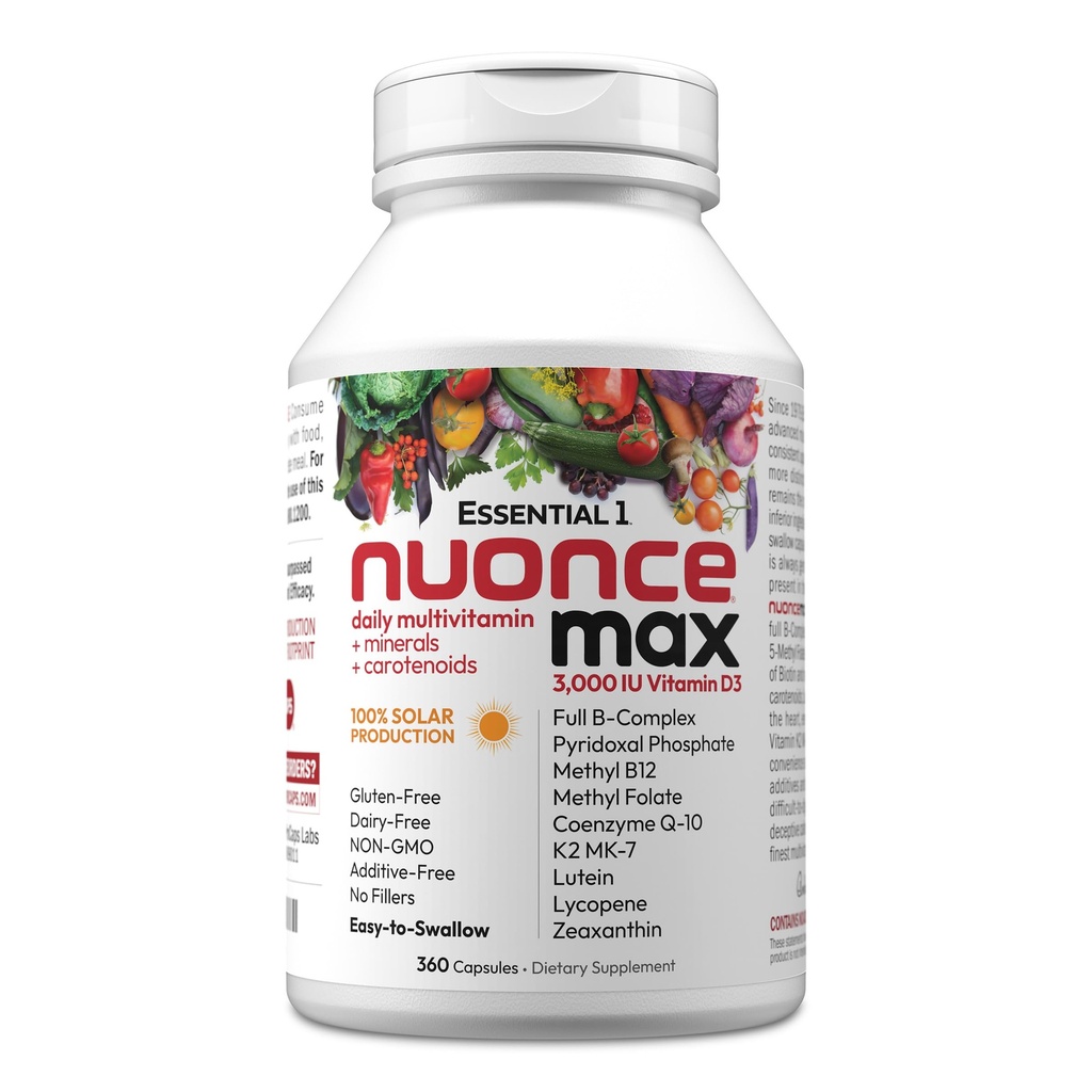 ANDREW LESSMAN Essential-1 nuonce max Multivitamin 3000 IU Vitamin D3 360 Small Capsules. 100 mcg Methyl B12. CoQ10 Lutein Lycopene Zeaxanthin. High Potency. No Additives. Ultra-Mild One Daily Capsule