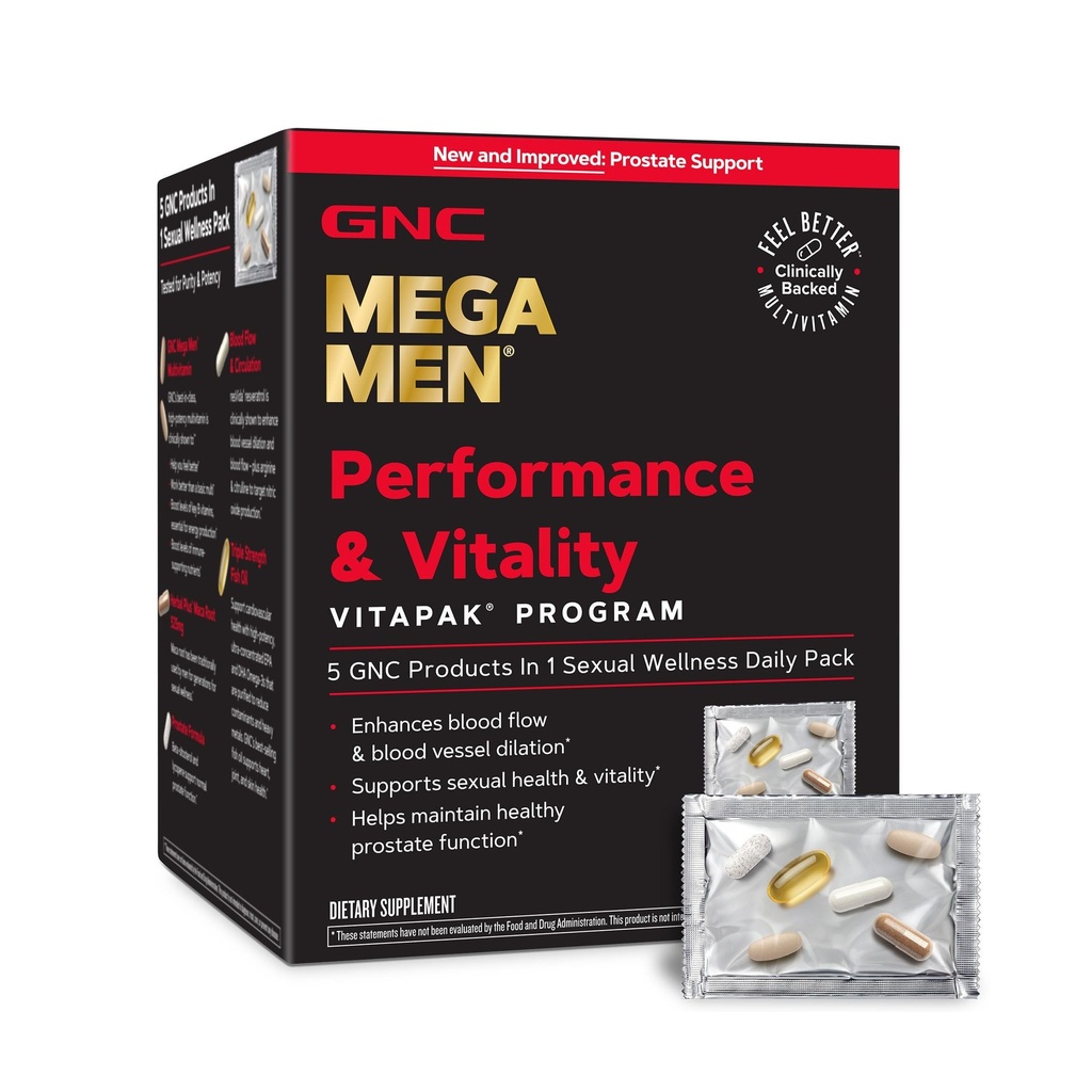 GNC Mega Men Performance and Vitality Vitapak Program for Men, Convenient Complete Nutrition, 5 Products in 1 Pack, Circulation, Blood Flow, Stronger Drive - New & Improved - 30 Packs