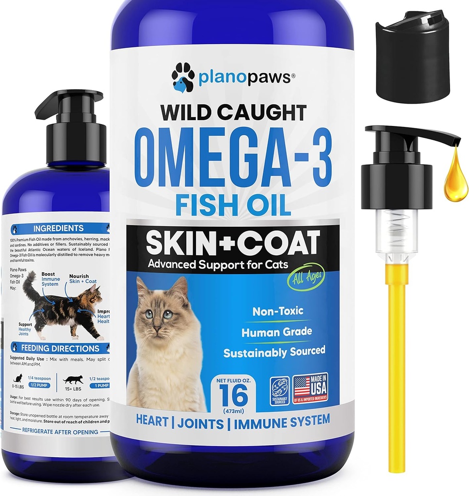 Omega 3 Huile de poisson pour chats - Mieux que l'huile de saumon pour chats - Kitten + Vitamines et suppléments pour chats - Cat Health Supplies - Cat Dandruff Treatment - Liquid Fish Oil for Animals - Produits de couverture de chats