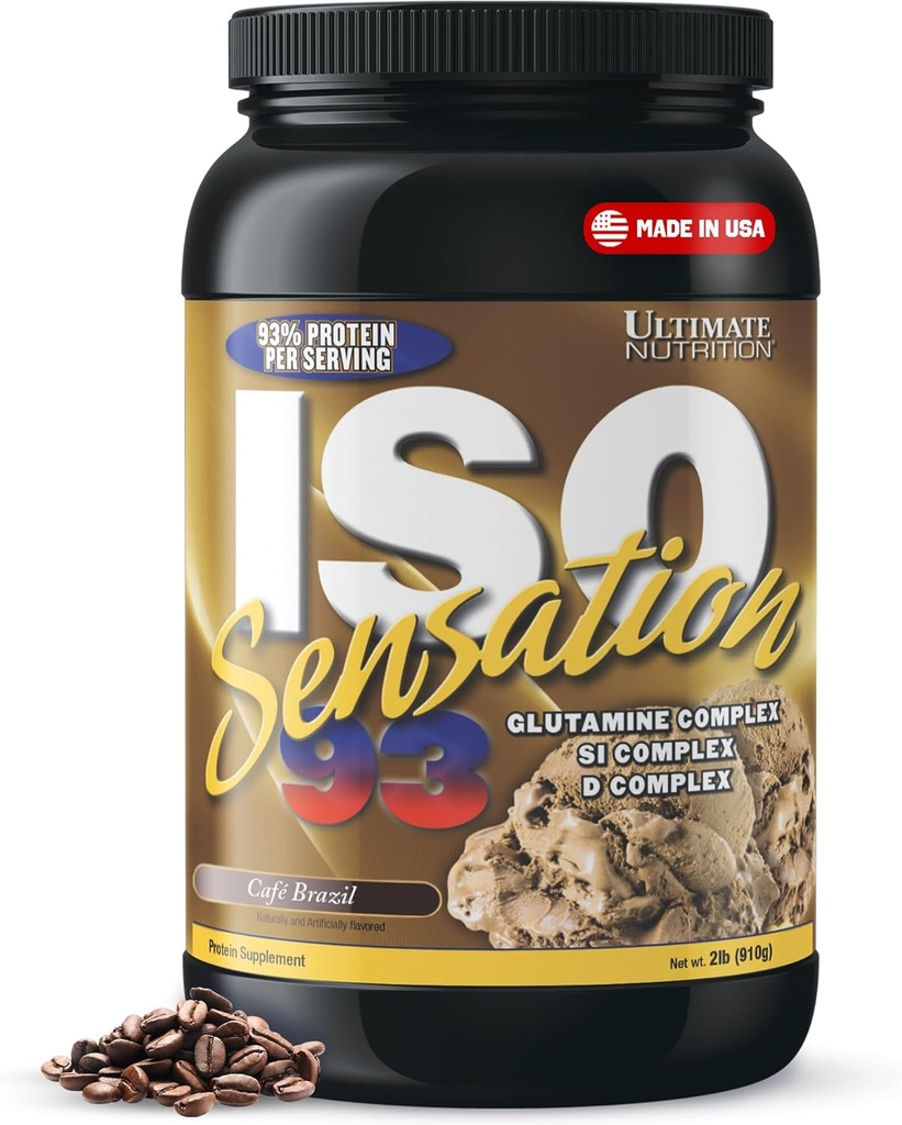 Nutrition Ultime Poudre Isolée de Protéine de Whey avec Complexe Glutamine, ISO Sensation 93 - Poudre de Protéine de Whey avec le Colostrum ajouté pour une récupération améliorée, l'immunité et la santé Gut - Café Brésil, 2lbs