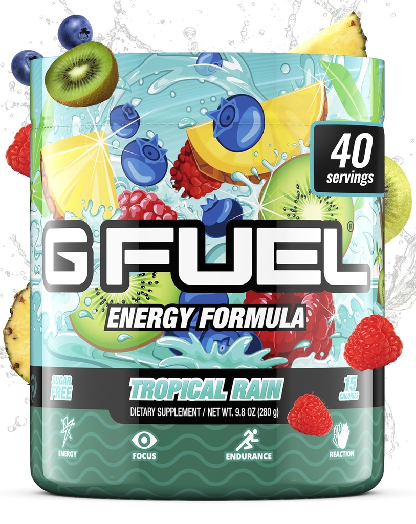 G Fuel Tropical Rain Energy Drink Poudre, Pré-entraînement Mélange de caféine pour le jeu, sans sucre Amino Focus, Vitamine + Antioxydants, 9.8oz (Fruit Medley, 40 portions)