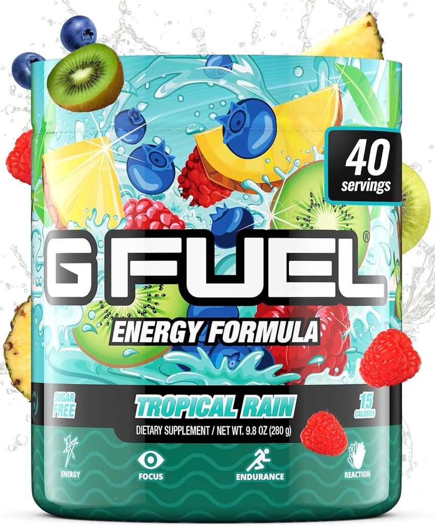 G Fuel Tropical Rain Energy Drink Poudre, Pré-entraînement Mélange de caféine pour le jeu, sans sucre Amino Focus, Vitamine + Antioxydants, 9.8oz (Fruit Medley, 40 portions)
