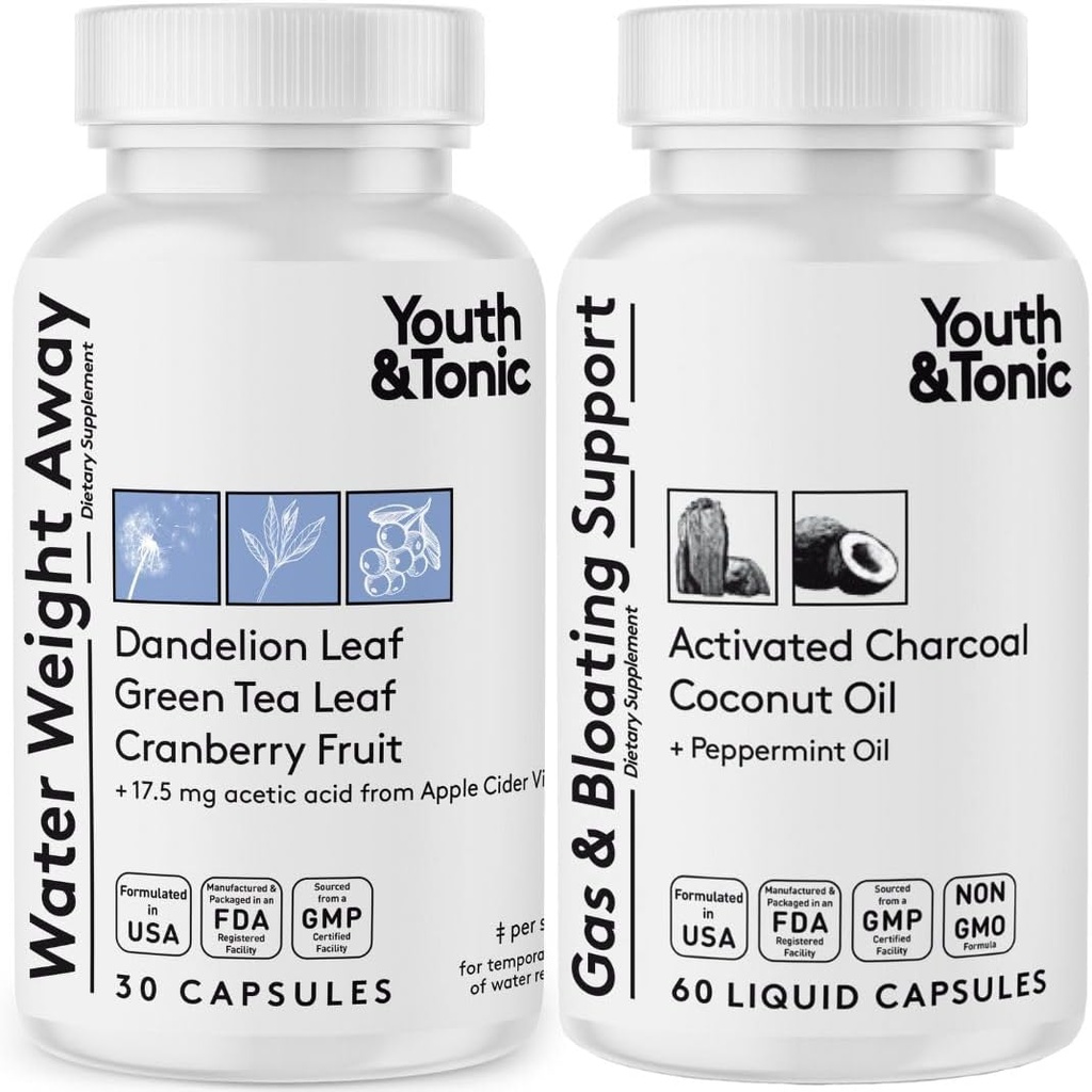 Poids de l'eau et gaz et ballonnement – Pilules diurétiques et charbonnières pour le dégel – Support pour la rétention de l'eau, les jambes de loupe et le ballonnement digestif – Peppermint & Coconut Oil – 90 pilules
