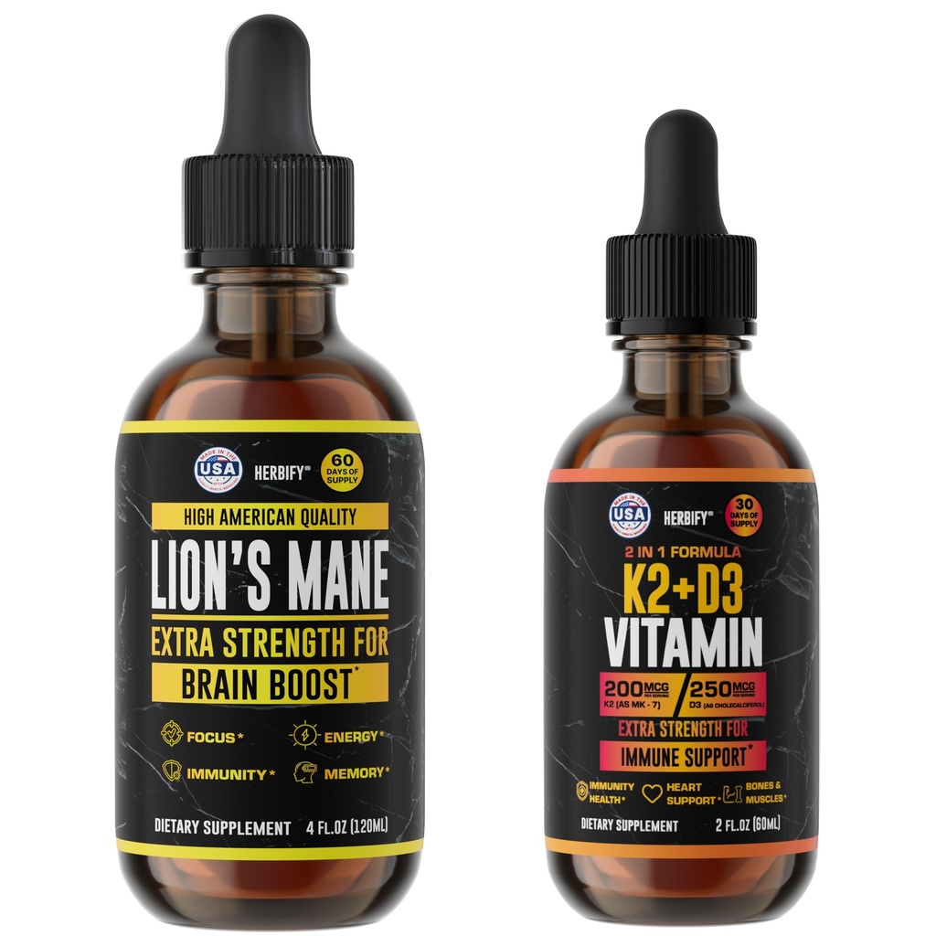 HERBIFY Bundle - Lions Mane Drops & K2 and D3 Drops - Brain Support & Bone Strength