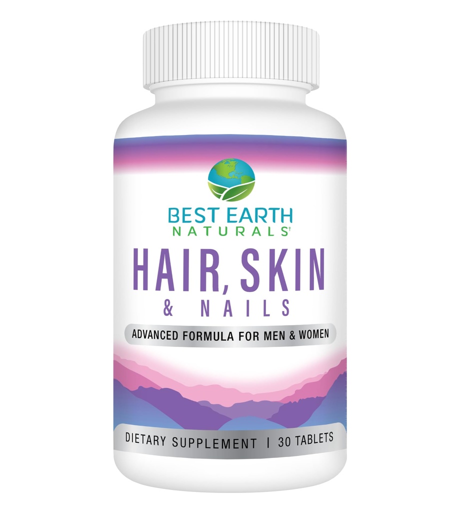 Best Earth Naturals Hair, Skin and Nails Supplement with Biotin, Collagen, Vitamins for Healthy Hair, Glowing Skin, Strong Nails