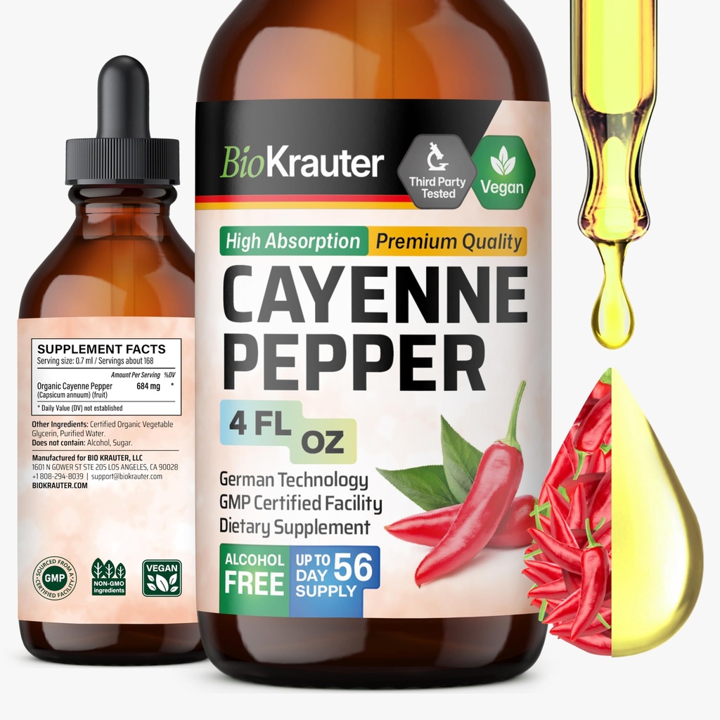 BIO KRAUTER Cayenne Extrait de poivre liquide - Extrait pur de Capsaicin - gouttes de poivre liquide Cayenne pour le soutien digestif - sans sucre et alcool 4 Fl.Oz.