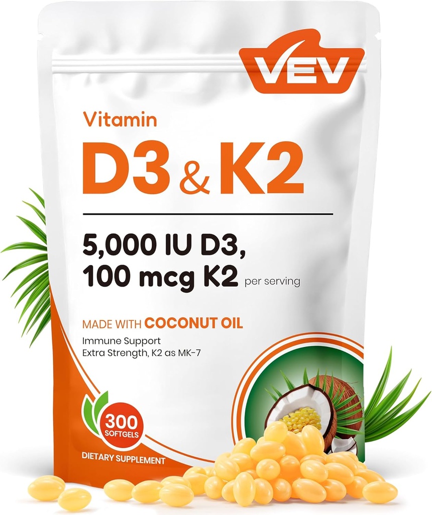 VEV Corefeel Vitamine D3 K2, 5000 UI D3 100mcg K2 (MK 7), 300 Softgels, supplément 2-en-1 Vitamine D & K avec huile de coco, soutient l'absorption de calcium et la santé des os, facile à avaler