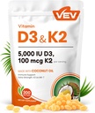 VEV Corefeel Vitamine D3 K2, 5000 UI D3 100mcg K2 (MK 7), 300 Softgels, supplément 2-en-1 Vitamine D & K avec huile de coco, soutient l'absorption de calcium et la santé des os, facile à avaler