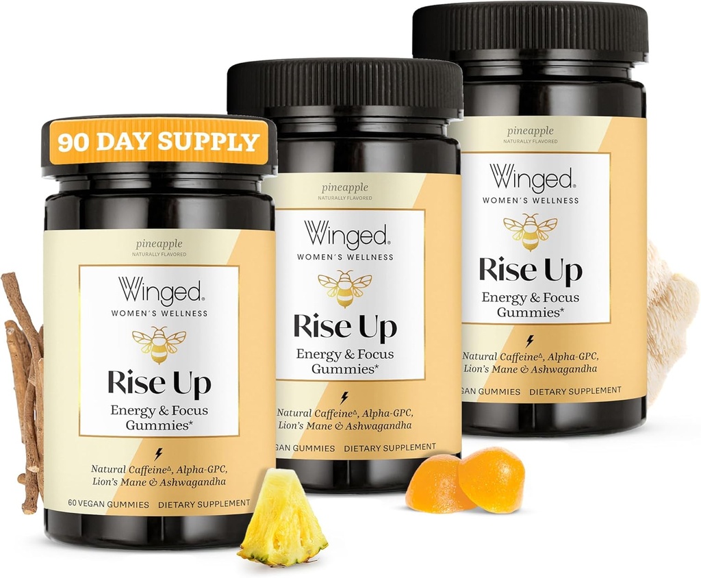 Winged Wellness Rise Up, Energy & Focus Gummies pour les femmes - Supplément de Gummy Brain Boost quotidien avec la caféine naturelle, Ashwagandha, B12, Nootropics Alpha-GPC et Lion - Ananas, 180 Gummies
