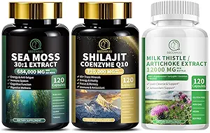 Mousse de mer et shilajit Bundle, Capsules de chardon de lait pour nettoyer le foie Détox et réparation, énergie, antioxydant, support immunitaire
