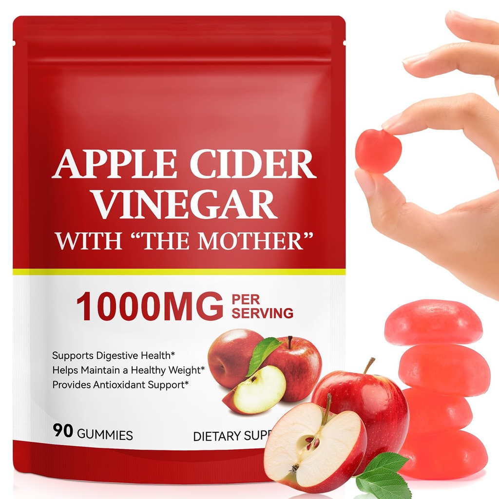 Apple Cider Vinegar Gummies - 90 Count, 1000mg ACV Gummy with Folic Acid, Gelatin-Free, Gluten-Free, Vegan & Non-GMO