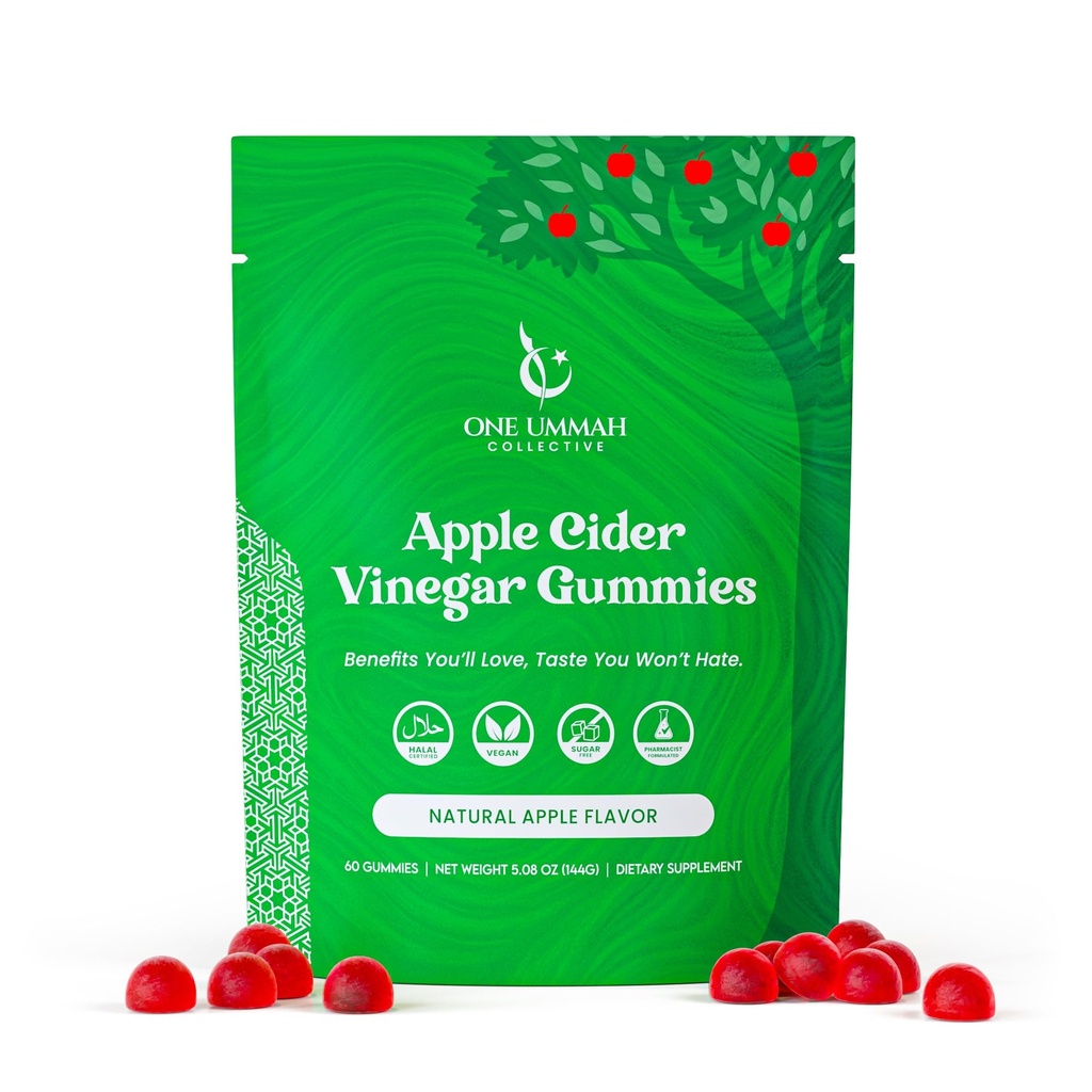 Halal Certified Apple Cider Vinegar Gummies - Vegan, Easy Digestion, & High Absorption - ACV Gummy Supplement - Tasty 60 Apple Flavor - 60 Ct