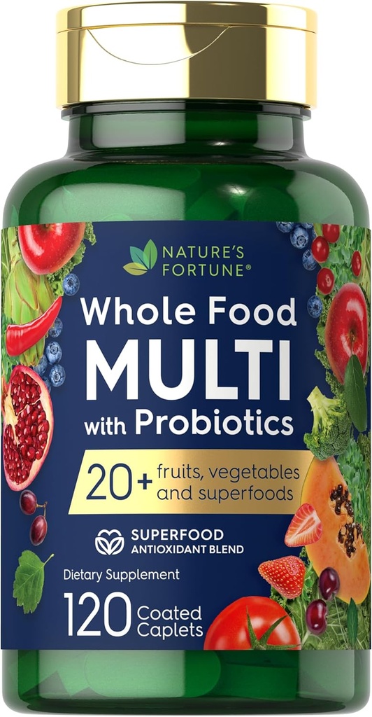 Multivitamine de nourriture entière de la nature avec des probiotiques (120 caplets enduits) Fabriqué avec 20 fruits et légumes (non-OGM et supplément sans gluten)