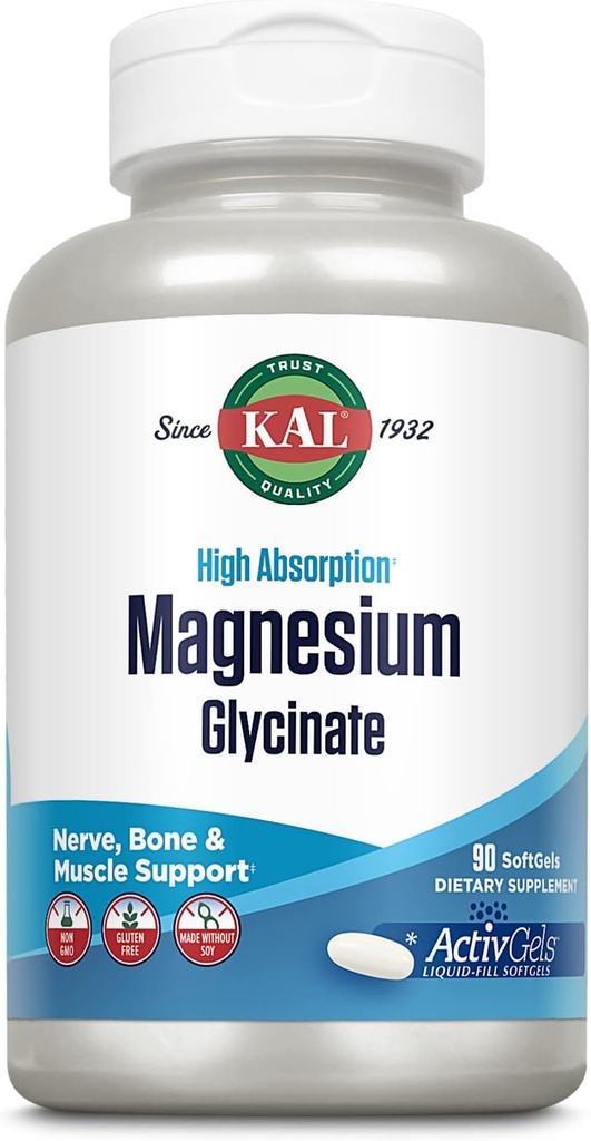 KAL Magnésium Glycinate ActivGels 315mg, supplément de magnésium à haute absorption pour le soutien de la santé musculaire, nerveuse et osseuse, sans OGM, sans gluten, 30 portions, 90 Softgels