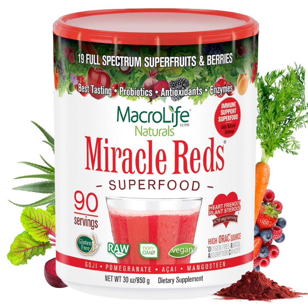 MacroLife Naturals Miracle Reds Superfood Supplément Poudre Antioxydants Polyphénols Enzymes Probiotiques - crus non OGM Gluten biologique végétalien et sans lait - 30 oz (90 portions) 30 oz