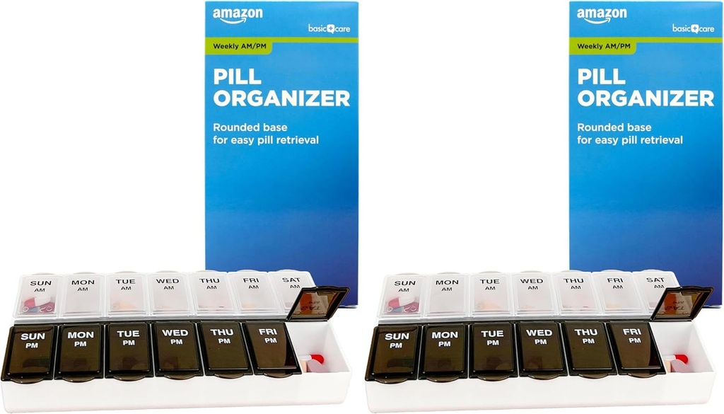 Amazon Basic Care (7-Day) AM/PM Pill Organizer, Vitamine Case, et boîte de médecine, grands compartiments, 2 fois par jour, noir et lys clair (paquet de 2)