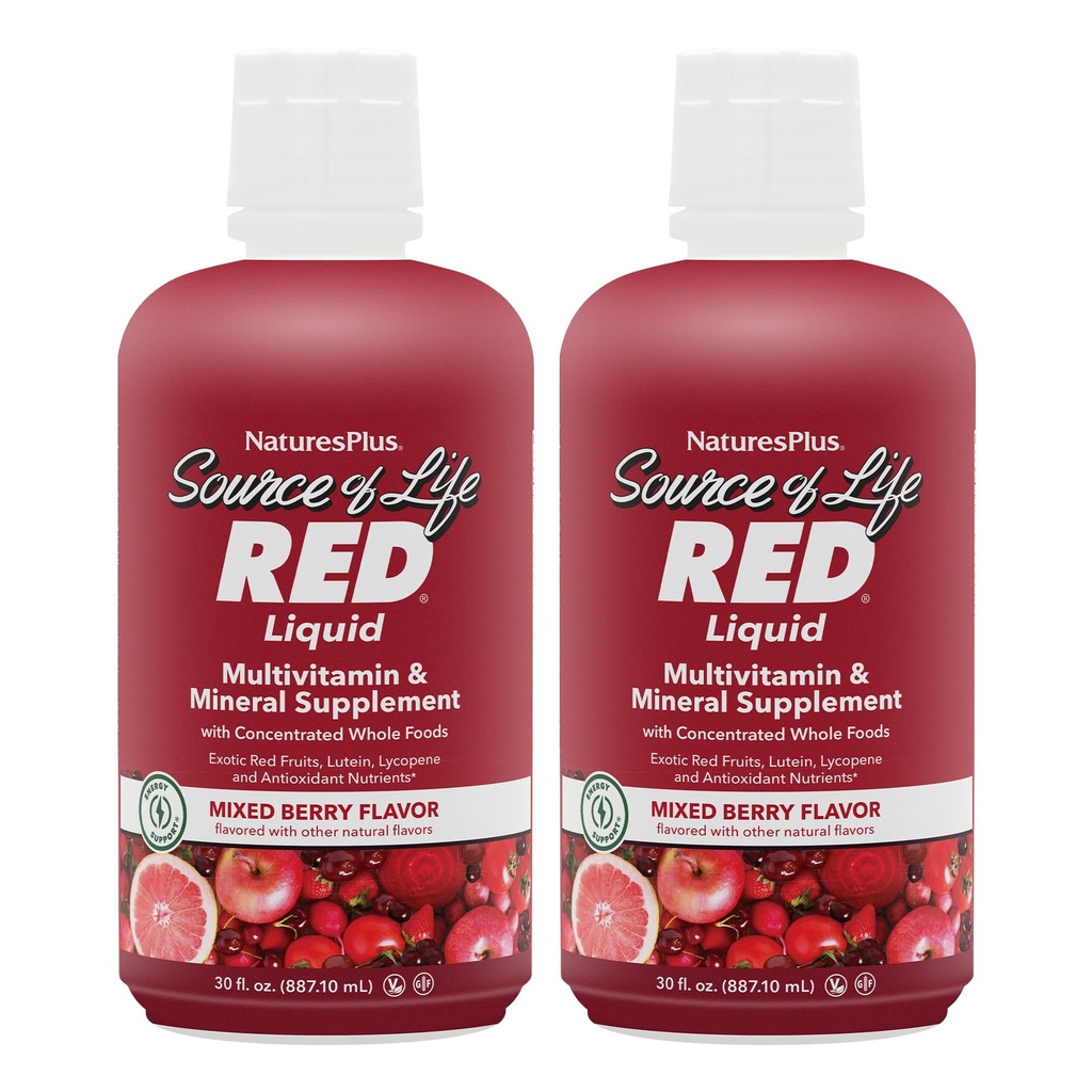 NaturesPlus Source de vie RED Multivitamine liquide - 30 oz, paquet de 2 - Soutien énergétique et immunitaire - avec fruits rouges exotiques, lycopène et lutéine - Végétarien et sans gluten - 60 portions totales