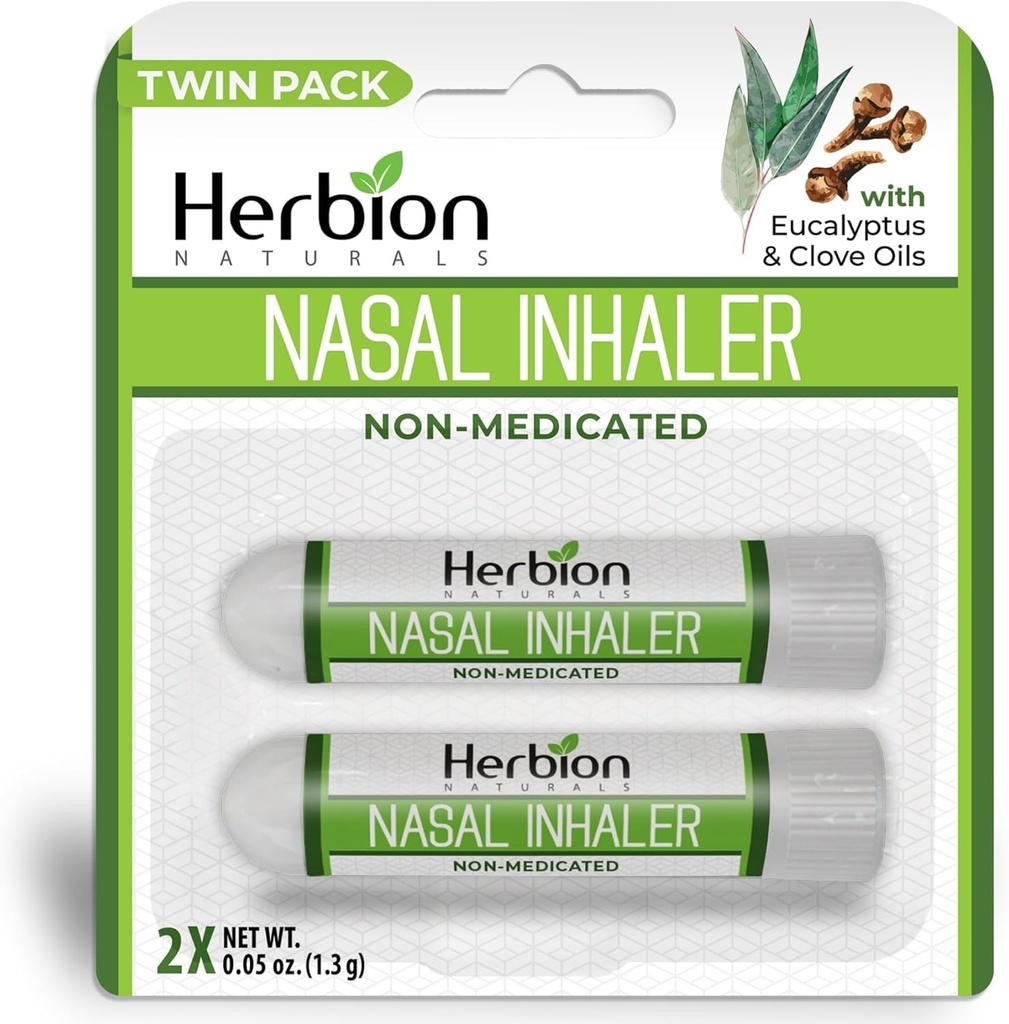 HERBION Naturals Nasal Inhaler, Natural Relief for Nasal Congestion & Sinus Pressure, Non-Medicated Sticks with Essential Oils, Menthol, Eucalyptus, Clove, Soothing Vapor, Easy Breathing, Pack of 2