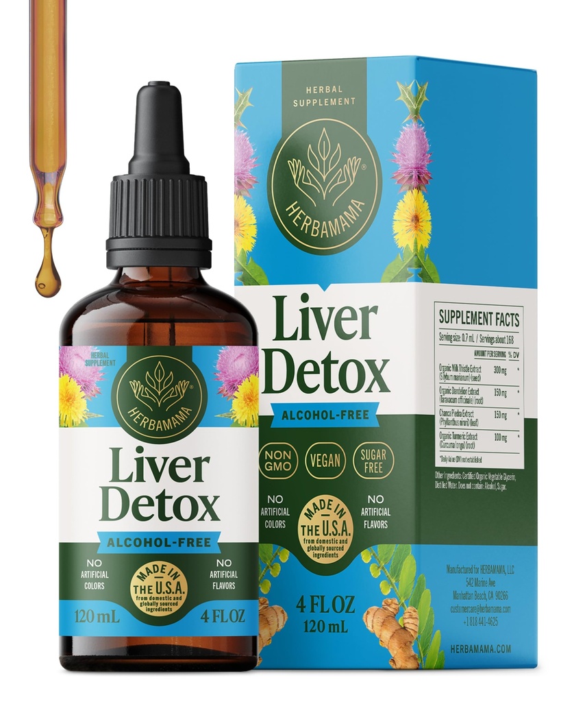 HERBAMAMA Liver Detox Liquid Drops - Vegan Liver Support with Milk Thistle, Dandelion Root, Chanca Piedra & Turmeric Tincture - Non-GMO, Alcohol & Sugar-Free Supplement - 84-Day Supply