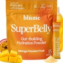Blume SuperBelly Gut Health + Hydration, Daily Sugar Free Probiotics, Prebiotic Fiber, and Electrolytes Powder Packets for Digestion Support, Stacked Water, Mango Passionfruit, 15 Sticks