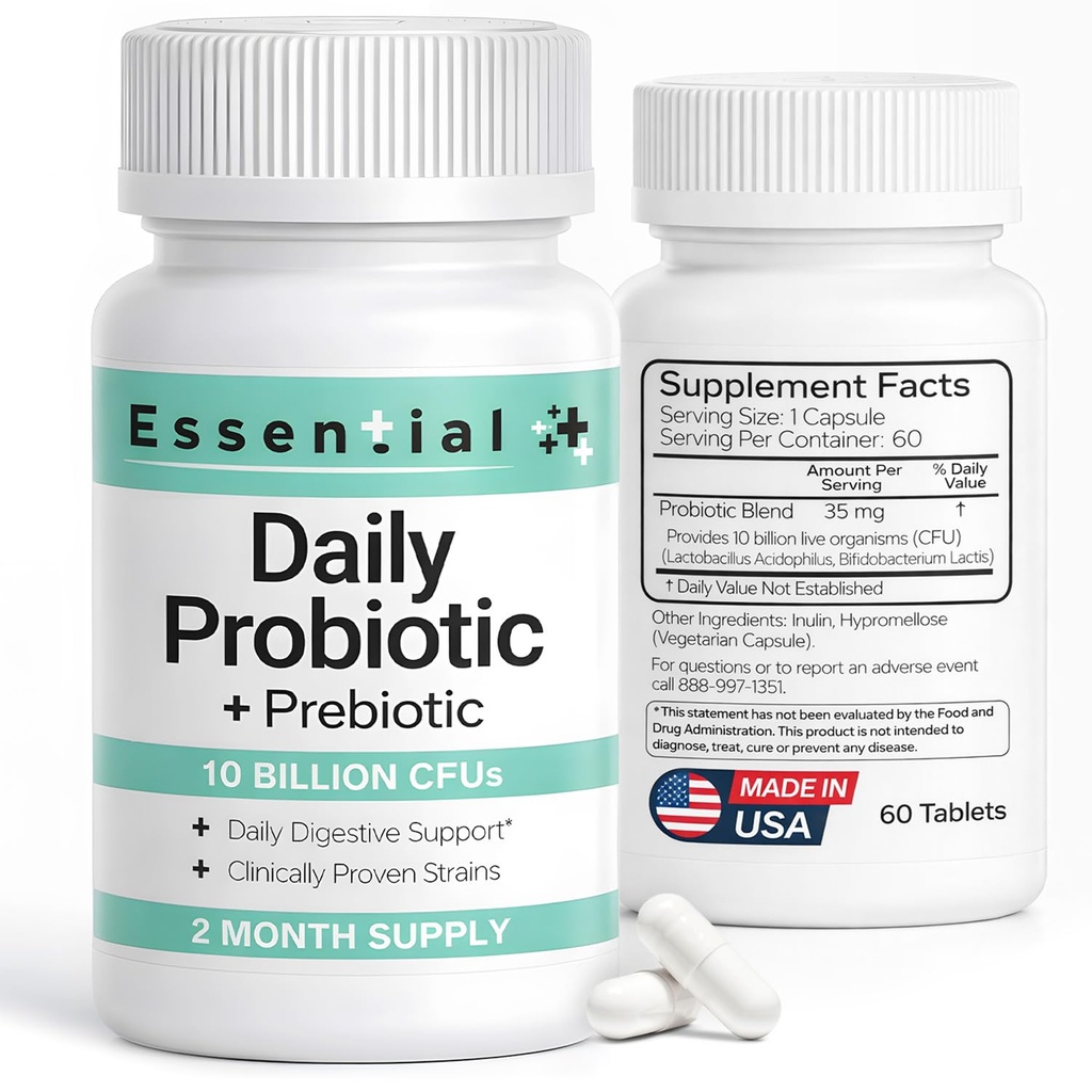 Essential Daily Probiotic for Men and Women 10 Billion CFU, 60 Vegicaps Men Probiotics for Digestive Health with Prebiotics & 2 Strains, Probiotic Supplement for Gut Health