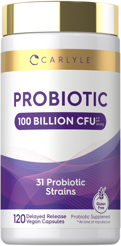 Carlyle Probiotic 100 Billion CFU | 120 Capsules | Delayed Release | 31 Probiotic Strains | with Prebiotic Fiber | Vegan, Non GMO, Gluten Free