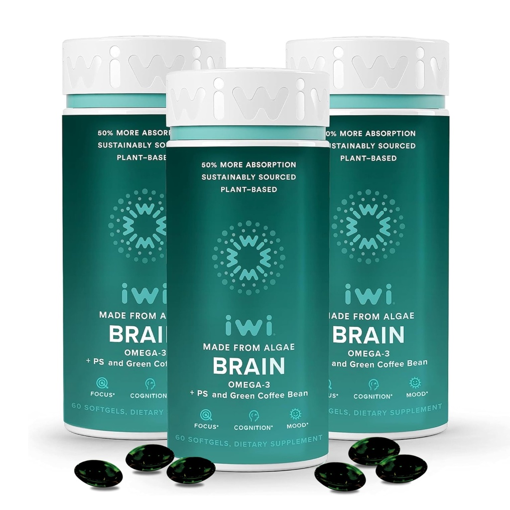 iwi life Cerveau Omega-3, 180 Softgels (90 portions), Algae Omega-3 à base végétale végétalienne avec EPA + DHA, Focus, Mémoire et Mood Support Supplément alimentaire, Krill & Fish Oil Alternative, Pas d'après-goût de poisson