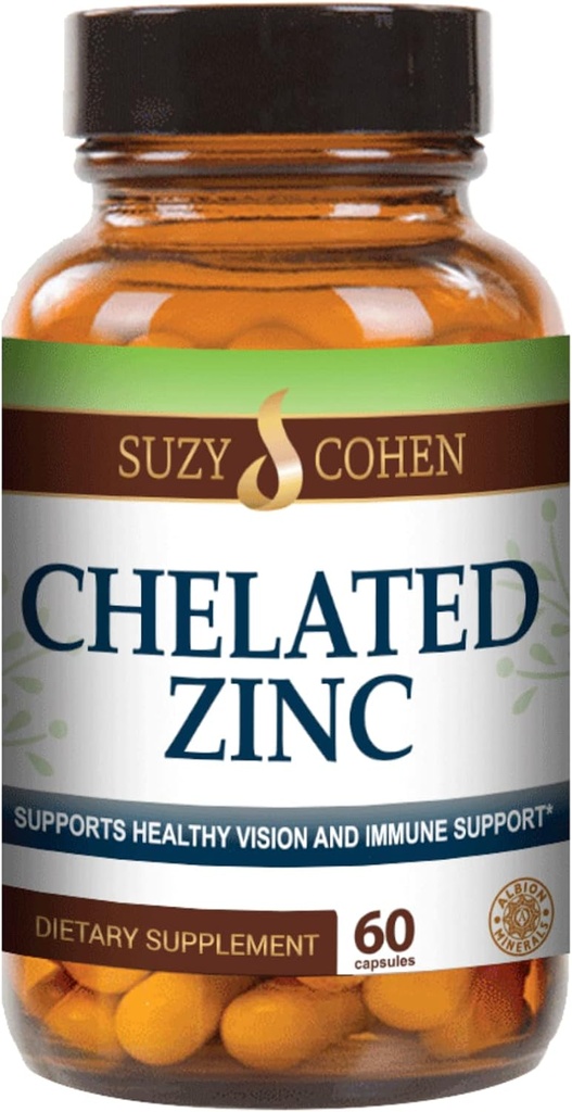 Suzy Cohen Chélaté Zinc Suppléments - 60 Capsules Doucement sur l'estomac - Zinc est pour la croissance cellulaire saine et la formation d'ADN - soutient la fonction immunitaire saine et la santé de la peau