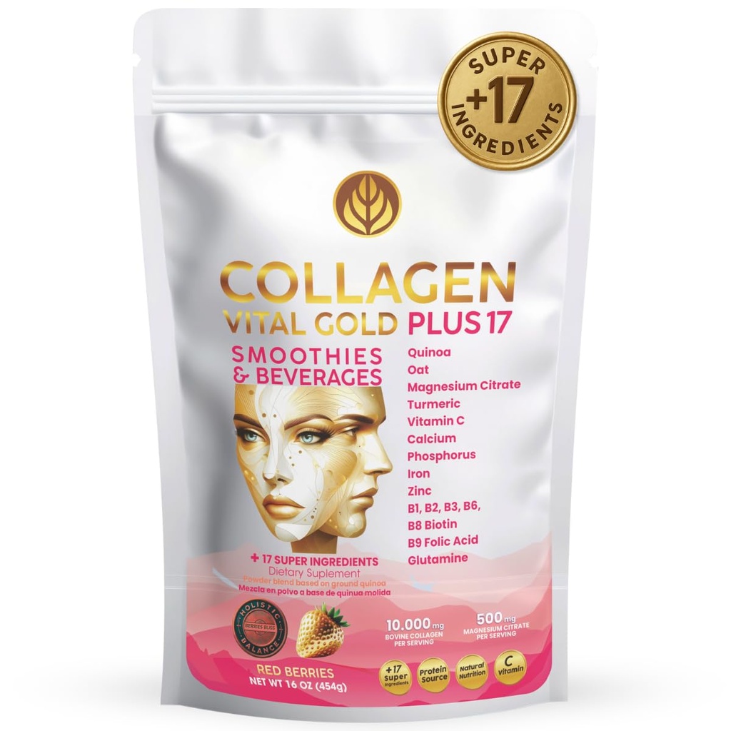 Vital Life, Collagen Peptides Powder - Hydrolyzed Collagen with +17 Super Ingredients, 1 lb, Red Berries Flavor, Supplement for Healthy Hair, Skin, Nails, Bones, Joints, Collagen for Women & Men.