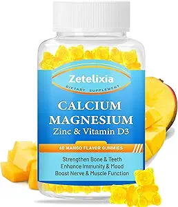 Gommies de zinc de magnésium de calcium pour adultes et enfants, Supplément de citrate de calcium sans sucre, Gommies de magnésium à haute absorption avec vitamine D3 et K2 - Santé des os et des muscles et immunitaires(60 Nombre)