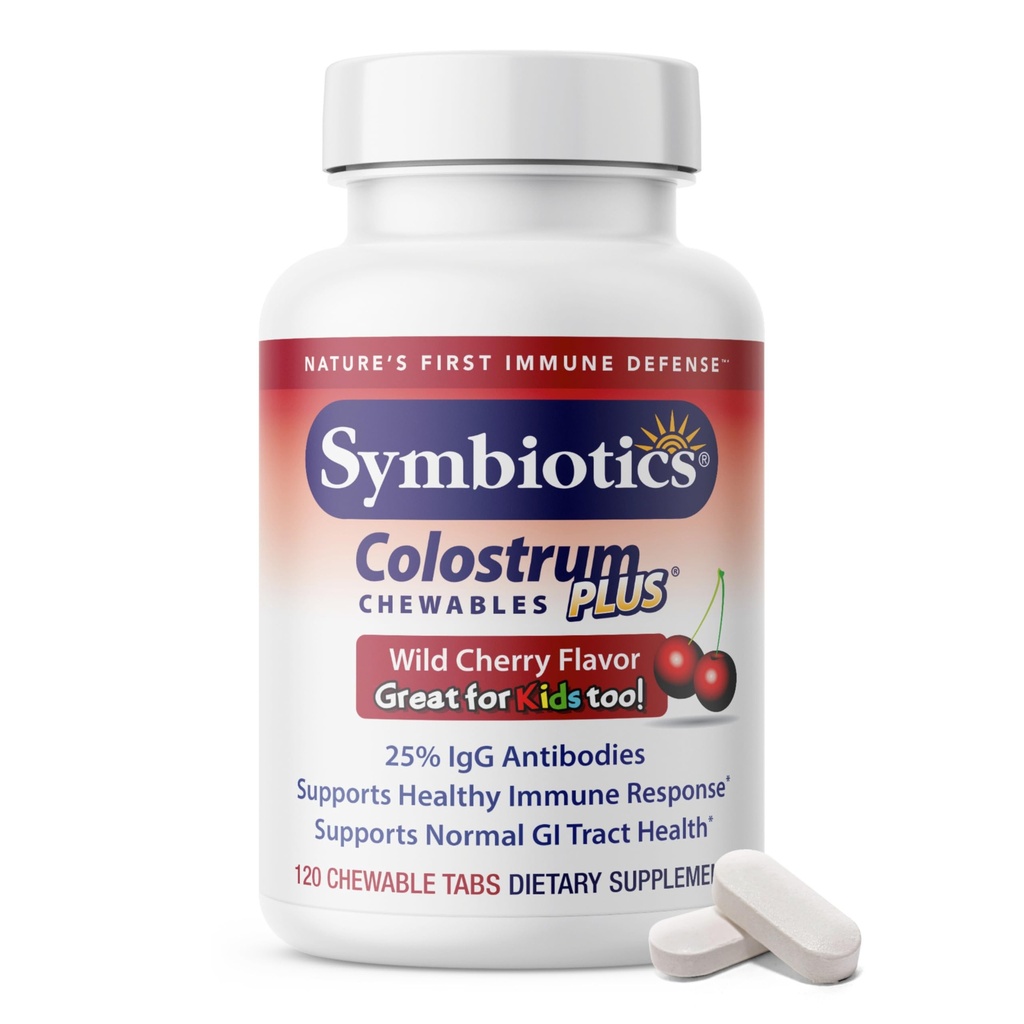 Symbiotiques Colostrum 120ct Chewables Plus - Immunity Support for Adult & Kids - Lactoferrine Supplement & Colostrum Protein - Supports Digestion & Gut - 25% lgG Antibodies, sans gluten - Cerise sauvage