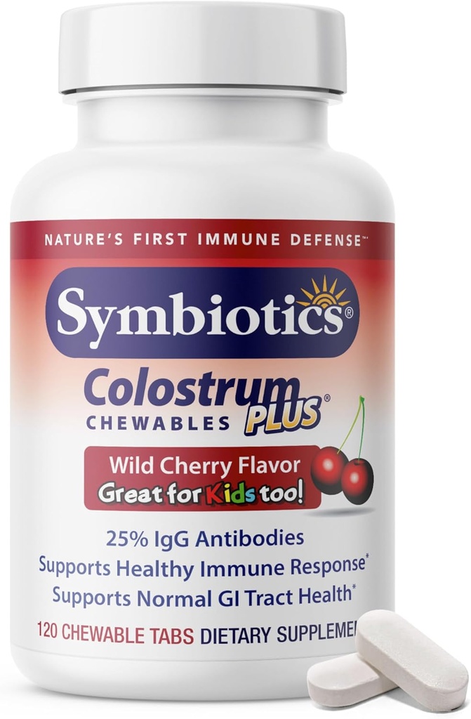 Symbiotiques Colostrum 120ct Chewables Plus - Immunity Support for Adult & Kids - Lactoferrine Supplement & Colostrum Protein - Supports Digestion & Gut - 25% lgG Antibodies, sans gluten - Cerise sauvage