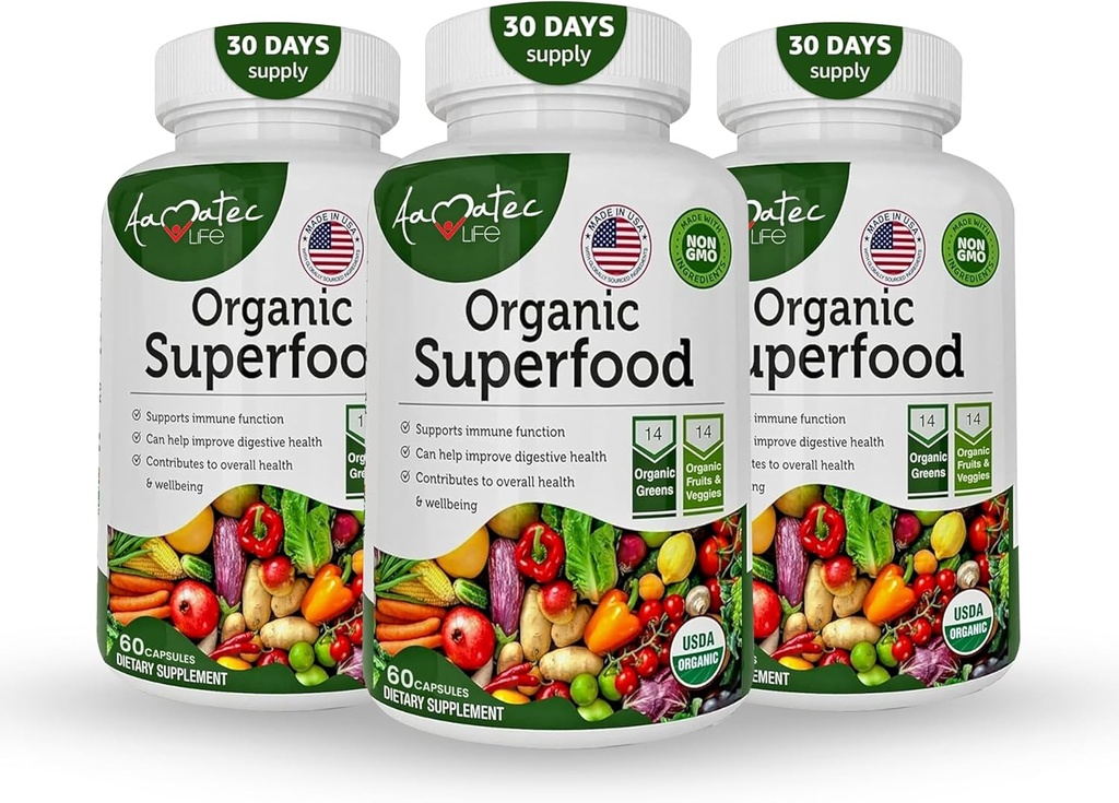 Complexe de fruits et légumes bio Superfood Greens - Meilleur complément alimentaire avec 14 verts et 14 fruits et légumes avec Alfalfa Riche en antioxydants Ingrédients organiques Non-OGM (180 Count Pack de 3)