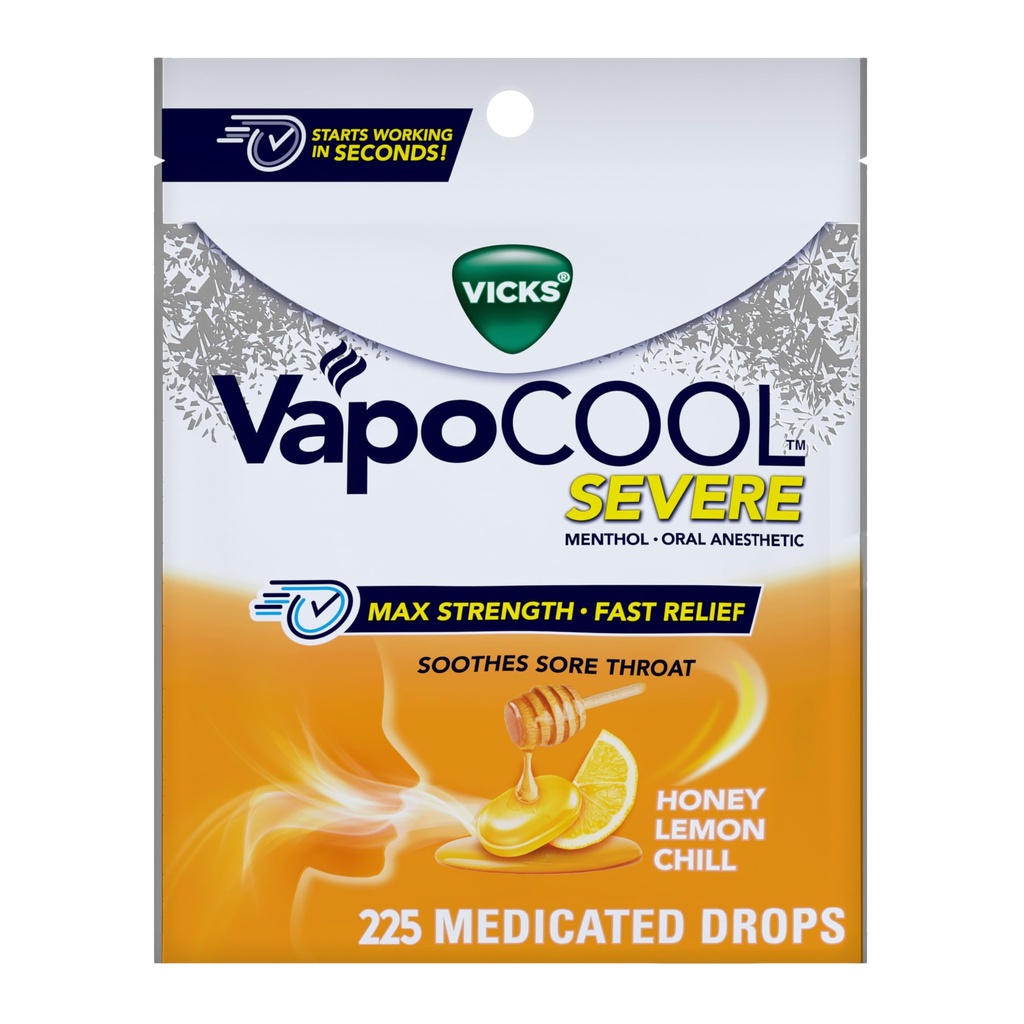 Vicks VapoCOOL SEVERE Medicated Sore Throat Drops, Fast-Acting Max Strength Relief, Soothes Sore Throat Caused by Cough, Powerful Vicks Vapors, Menthol, Honey Lemon Chill, 225 Total (5 Packs of 45)