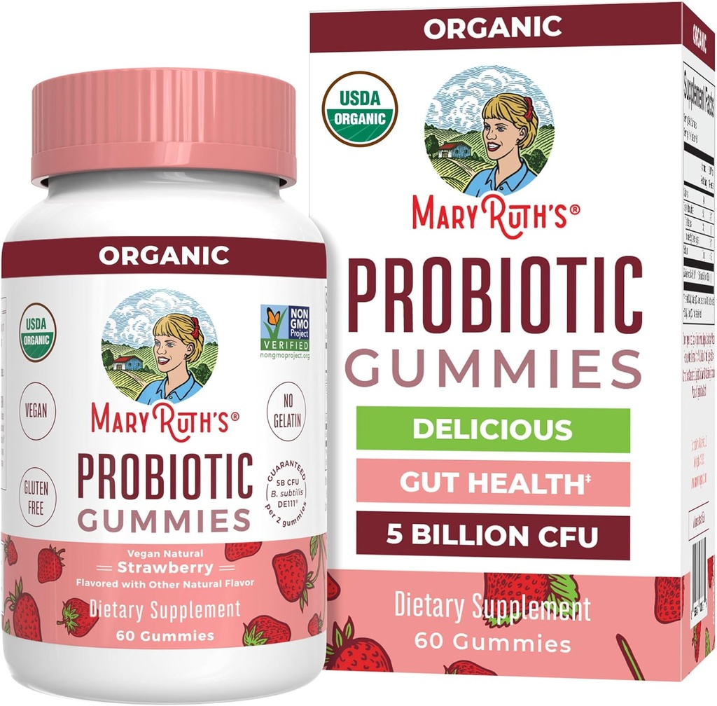 MaryRuth Organics USDA Organic Probiotic Gummies (probiotiques pour les femmes et les hommes) Supplément santé et confort de la gorge 5 Million CFU (immune et soutien digestif) Vegan (non-OGM) 60 Comte