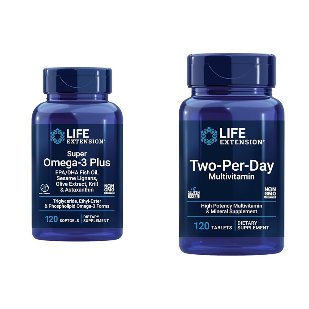 Extension de vie Super Omega-3 Plus EPA/DHA Huile de poisson, sésame Lignans et deux-par-jour haute puissance Multi-vitamine et supplément minéral