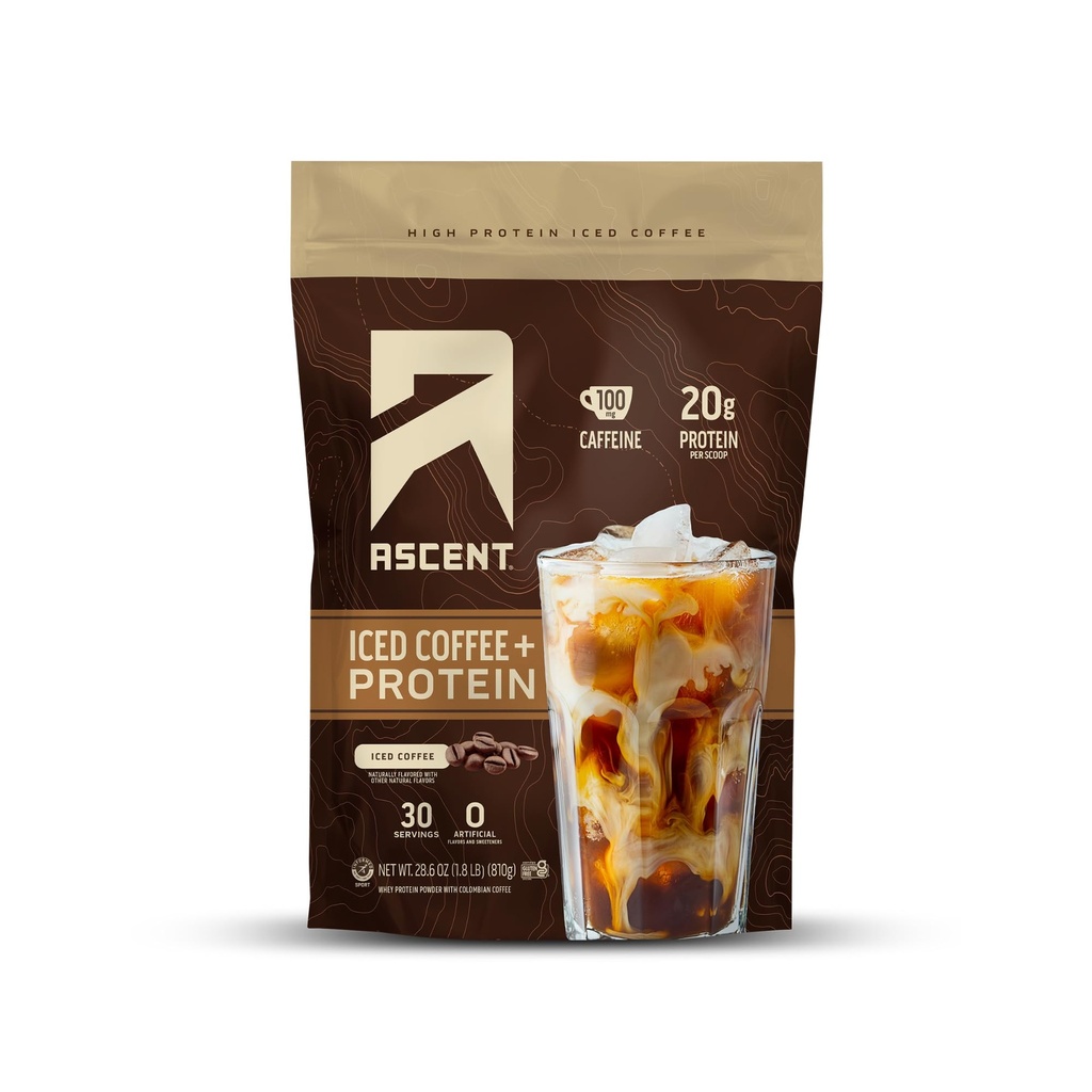 Ascent Iced Coffee Protein Powder - High Protein Coffee Powder, 20 g Protein & 100 mg Caffeine - 30 Servings