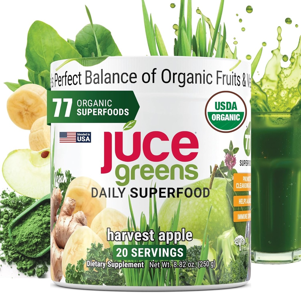 Terra Kai Organics JUCE Green Superfood Poudre, Fruits et légumes bio Supplément W/ 77 Superfoods Plus Prebiotic Probiotic Blend, Harvest Apple Flavor - 20 portions (250 g)