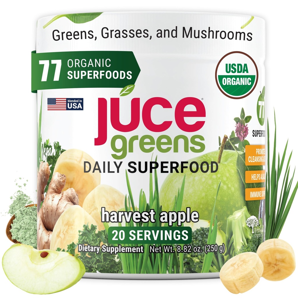 Terra Kai Organics JUCE Green Superfood Poudre, Fruits et légumes bio Supplément W/ 77 Superfoods Plus Prebiotic Probiotic Blend, Harvest Apple Flavor - 20 portions (250 g)