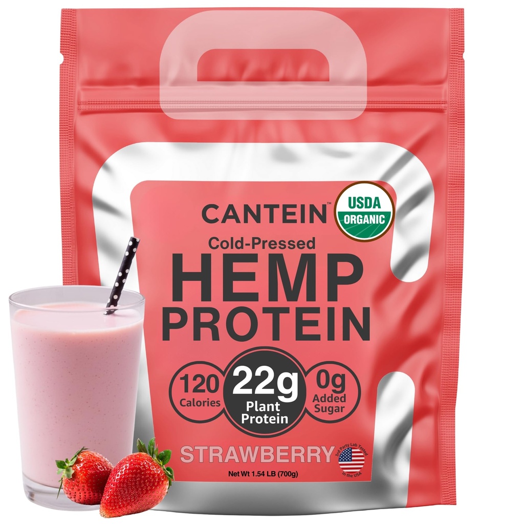 Organic Plant Based Protein Powder - 100% Hemp Protein Vegan Shake Mix - Lactose, Dairy & Gluten Free, Clean Natural Strawberry (20 Servings)
