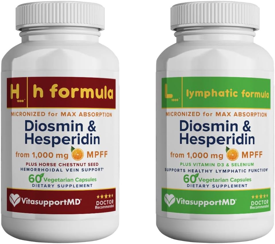 VITASUPPORTMD - Formule Lymphatique et H - Drainage lymphatique et veines hémorroïdales - 2x60 Capsules - Diosmin & Hespéridin 1000 mg, vitamine D3, sélénium, extrait de graines de châtaigne de cheval, complexe MPFF