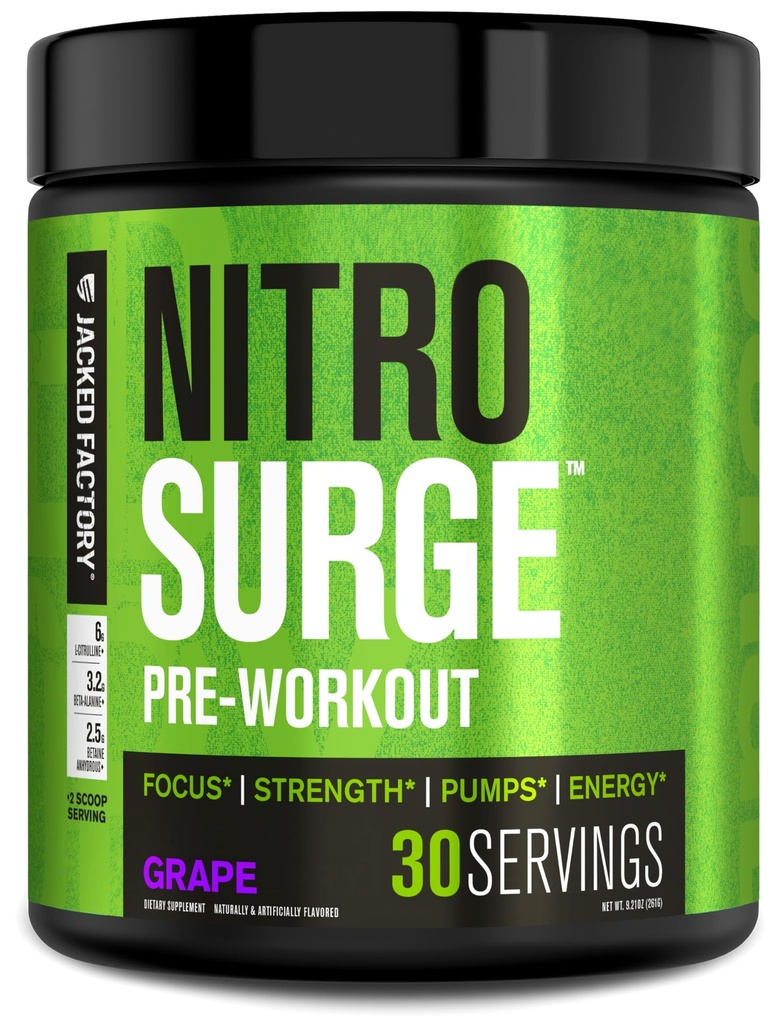 Jacked Factory NITROSURGE Pre Workout Supplement - Endless Energy, Instant Strength Gains, Clear Focus, Intense Pumps - Nitric Oxide Booster & Powerful Preworkout Energy Powder - 30 Servings, Grape