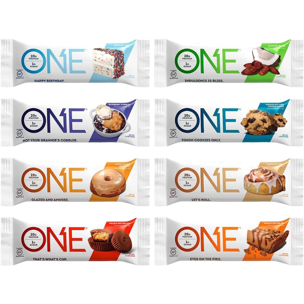 ONE Protein Bars, Sampler Variety Pack, sans gluten avec 20g de protéines et 1g de sucre, Pantry Staples, 2,12 oz (8 Compte)